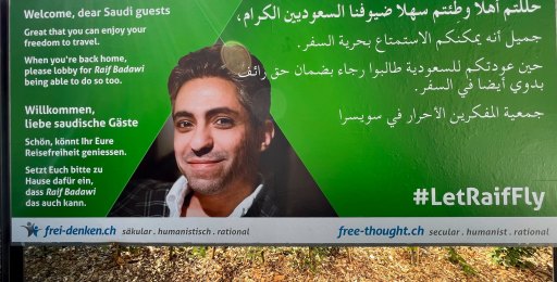 Das Plakat der Freidenker mit Raif Badawi in Interlaken